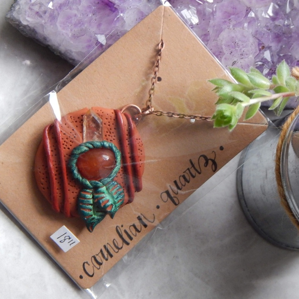 Handmade carnelian and quartz necklace